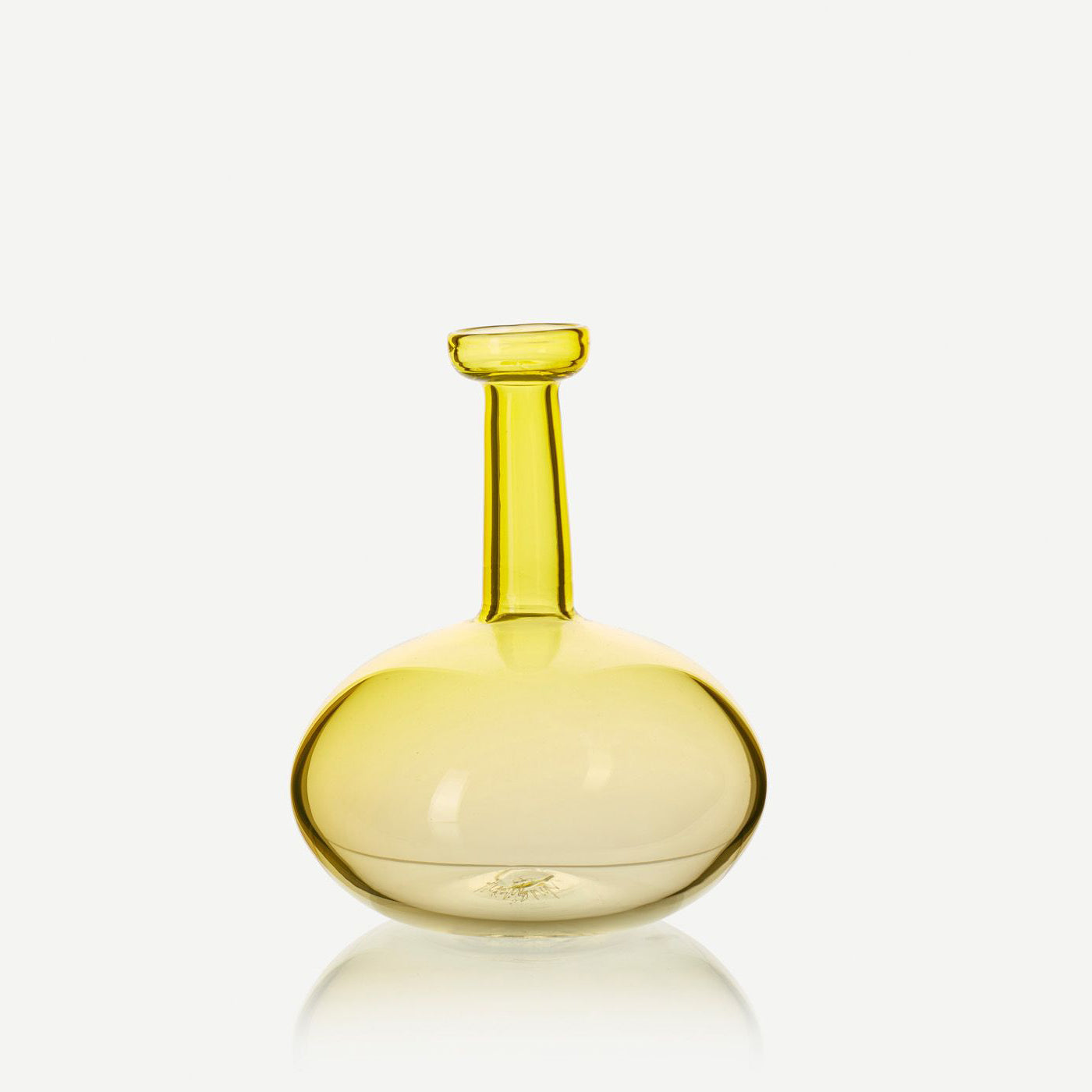Roman Vase in Lemon V: A yellow glass vase with a long neck, showcasing hand-blown craftsmanship by artist Michael Ruh, inspired by Roman elegance.