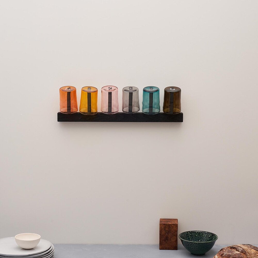 Horizon 6 Flame Blackened: Set of 6 Hand-Blown Coloured Tumblers with Wall-Mounted Ashwood Rack by Sebastian Cox