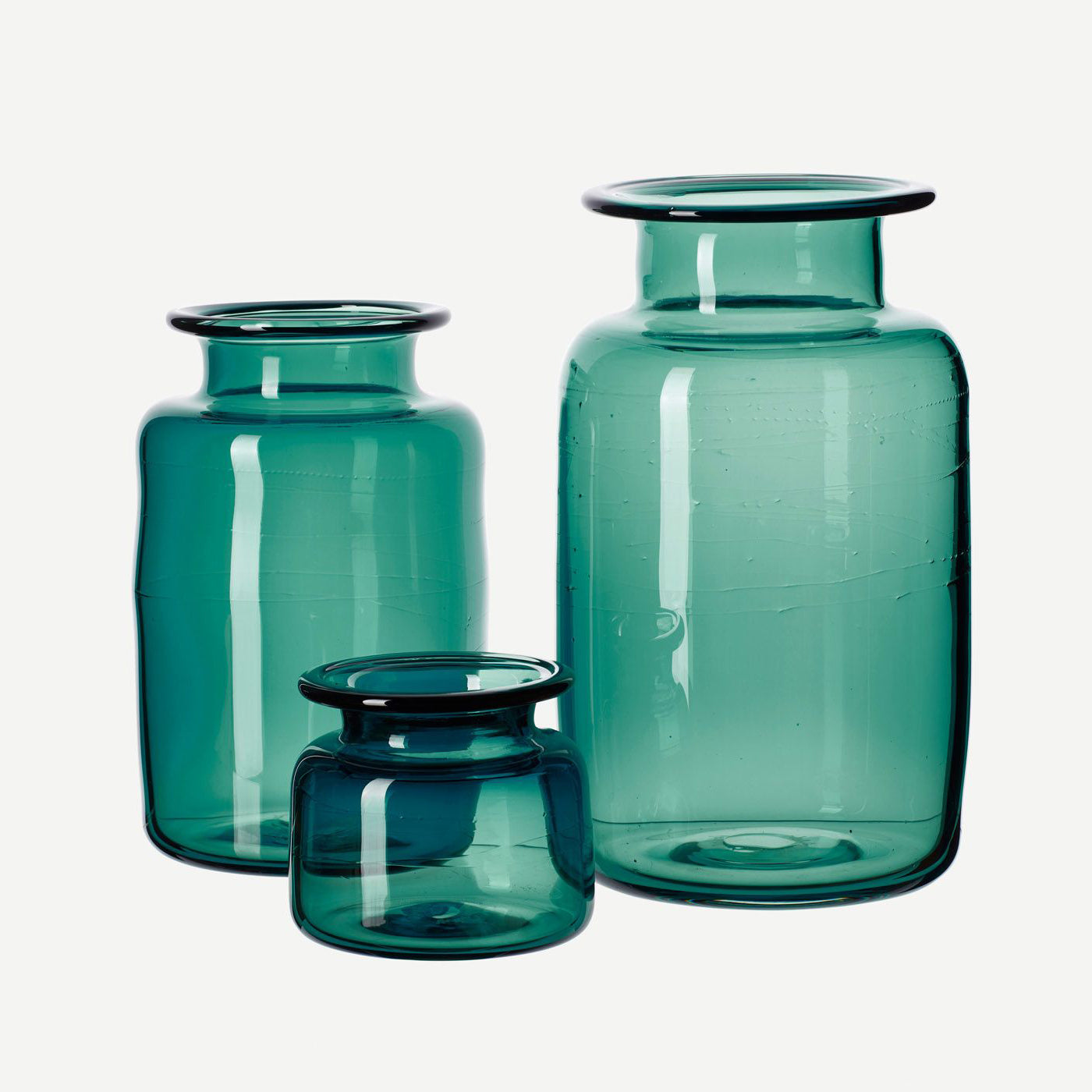 Group of blue green apothecary jars