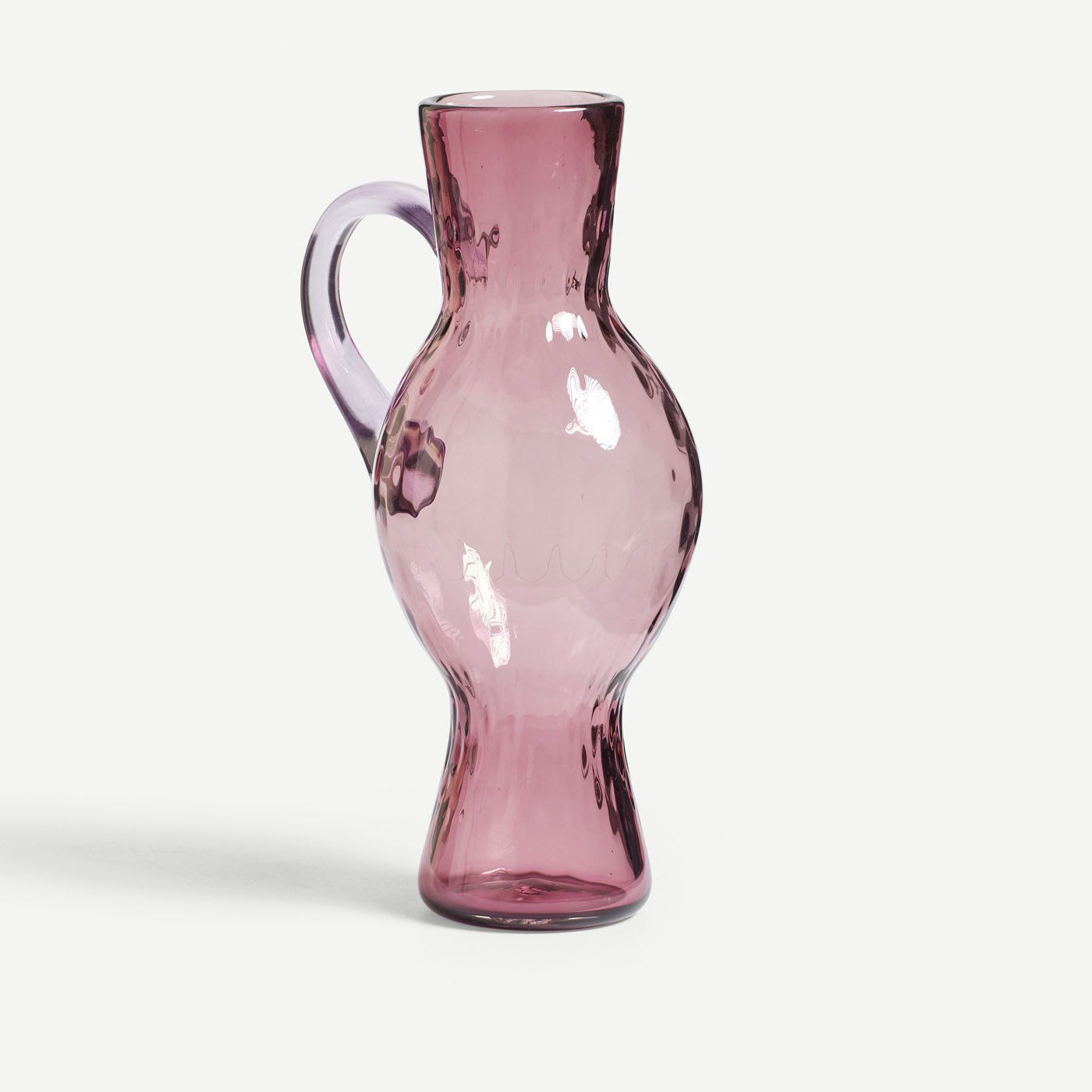 Handblown purple glass vase with handle 