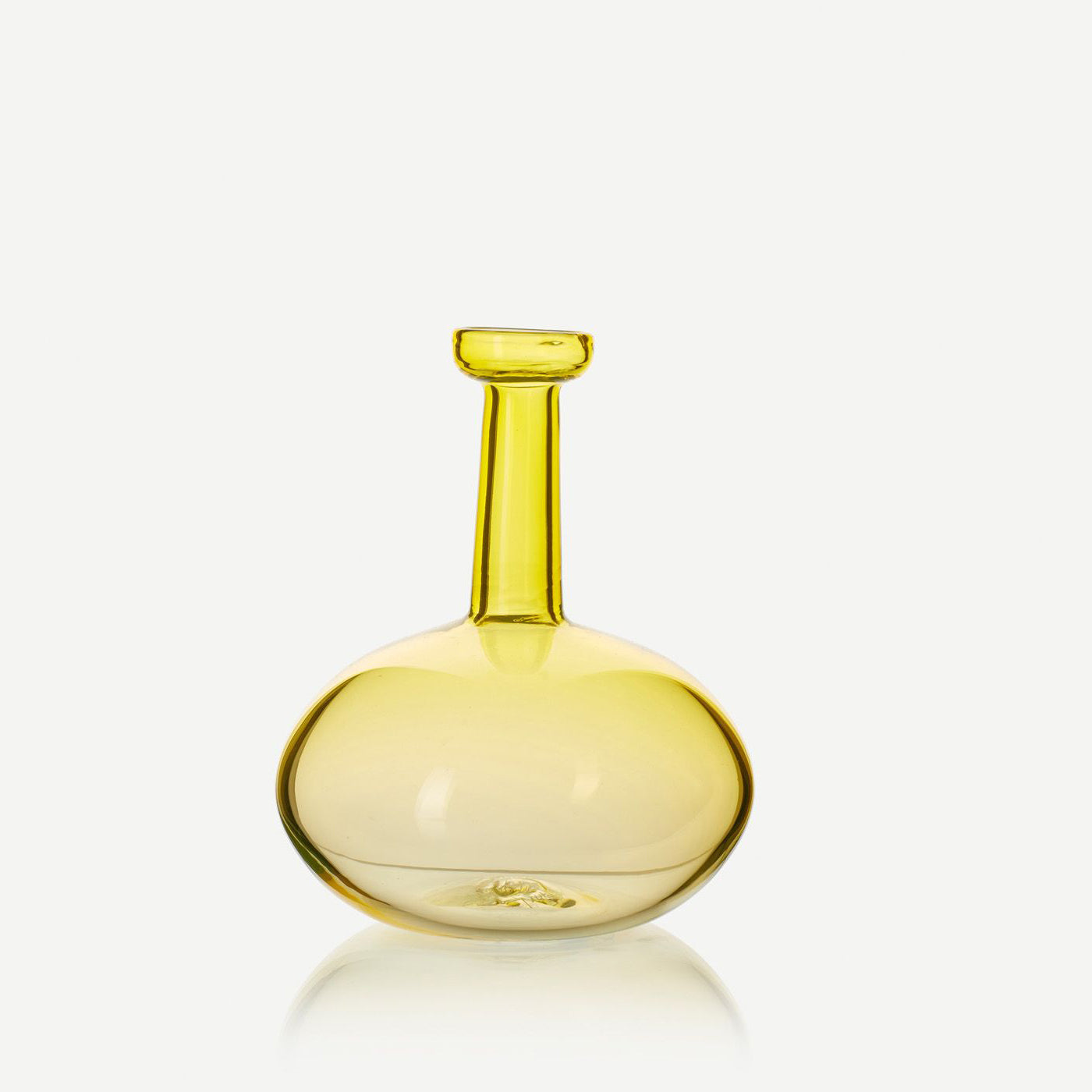 Roman Vase in Lemon V: A yellow glass vase with a long neck, showcasing hand-blown craftsmanship by artist Michael Ruh, inspired by Roman elegance.
