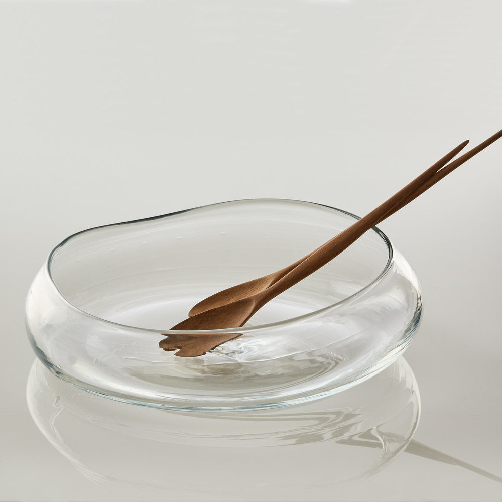 recycled blown glass salad bowl with serving spoons